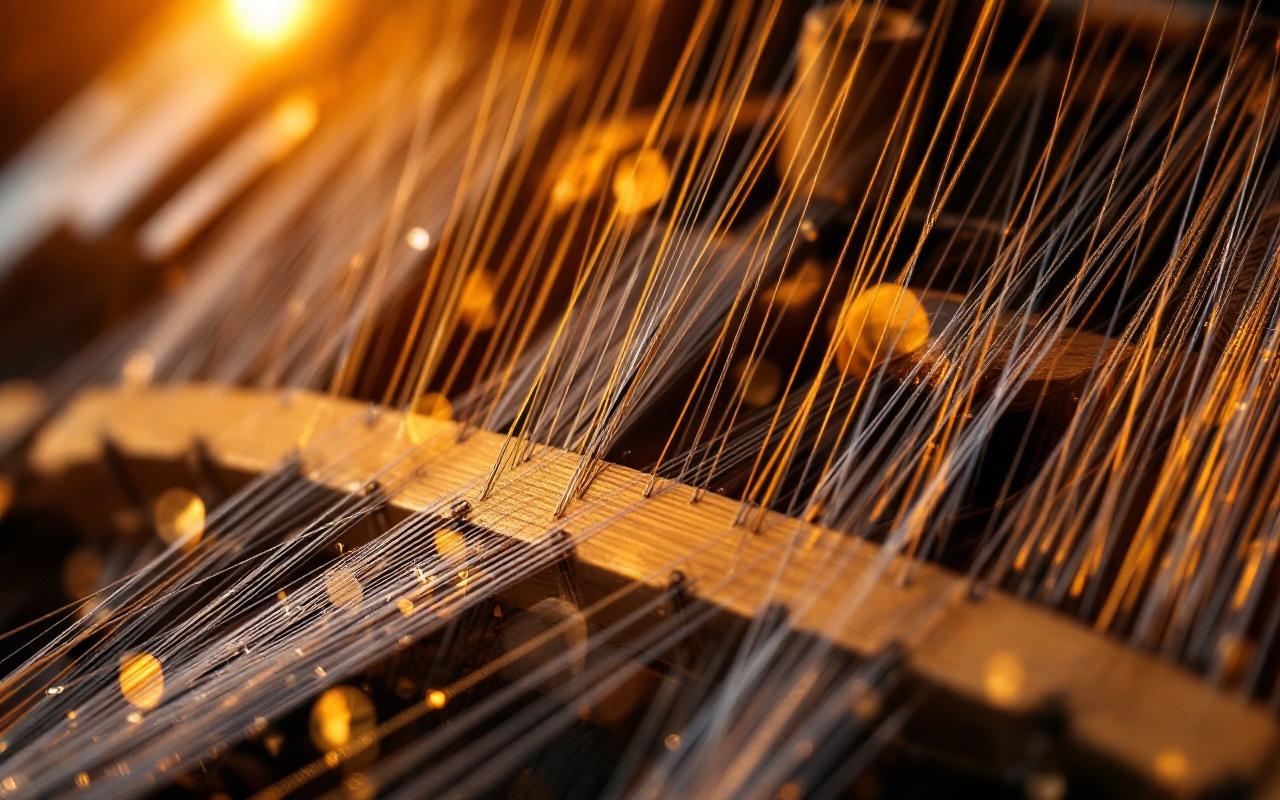 Gros plan sur des fils et du bois en cours de fabrication, montrant les d&eacute;tails des grains de bois et des fils, dans un environnement d'atelier chaleureux et intime.