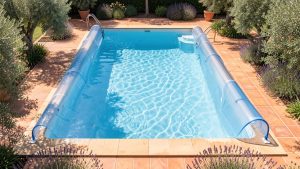 Piscine familiale vue en plongée avec une couverture solaire à bulles partiellement déroulée, une eau claire et des skimmers visibles dans un jardin méditerranéen lumineux.