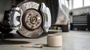 Gros plan d’une roue de voiture déposée dans un atelier lumineux, avec un étrier de frein propre et masqué, un pinceau et un pot de peinture automobile à côté.