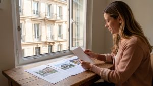 Une investisseuse compare trois dossiers immobiliers illustrés de logements sur une table, devant un immeuble résidentiel français baigné de lumière naturelle.