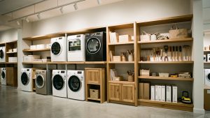Rayonnage contemporain présentant des appareils ménagers, des meubles en bois et des outils fabriqués en Europe, dans un style photojournalistique.