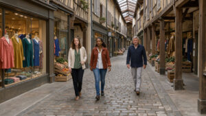 Rue sous les arcades de Louhans-Châteaurenaud avec des vitrines de vêtements, des façades anciennes et des passants dans une lumière naturelle douce.