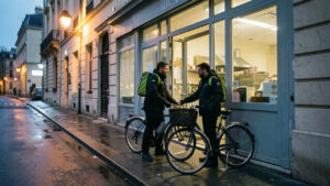 Deux livreurs à vélo attendent devant une cuisine sans vitrine dans une rue urbaine française au début de la soirée.